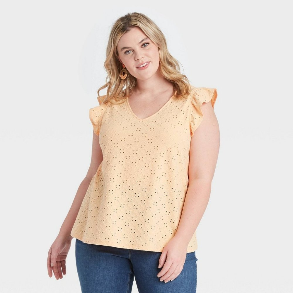Women's Plus Size V-Neck Short Sleeve Slim Fit Eyelet Ruffle Tank Top - Ava & Vi